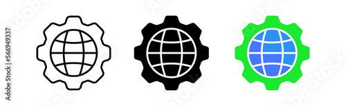 Globe with gear line icon. Screen, monitor, electronics, browser, internet, world wide web, data, knowledge. Ttechnology concept. Vector icon in line, black and colorful style on white background