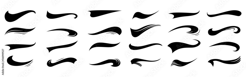 Calligraphic swoosh tail set, underline marker strockes. Sport logo typography elements. Texting letters tail for lettering or baseball club. Vector illustration