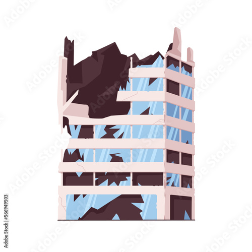 Damaged broken building. Destroyed ruined facade, modern house. Destruction of walls, windows. Cracked glass, burnt construction exterior. Flat vector illustration isolated on white background