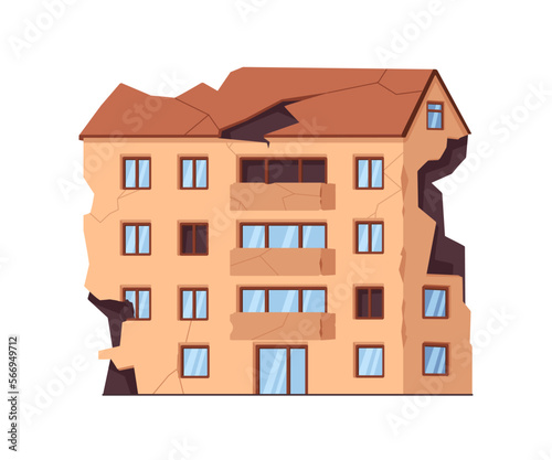 Damaged building facade with broken roof, destroyed walls, crushed cracked windows. House destruction. Ruined wrecked construction exterior. Flat vector illustration isolated on white background