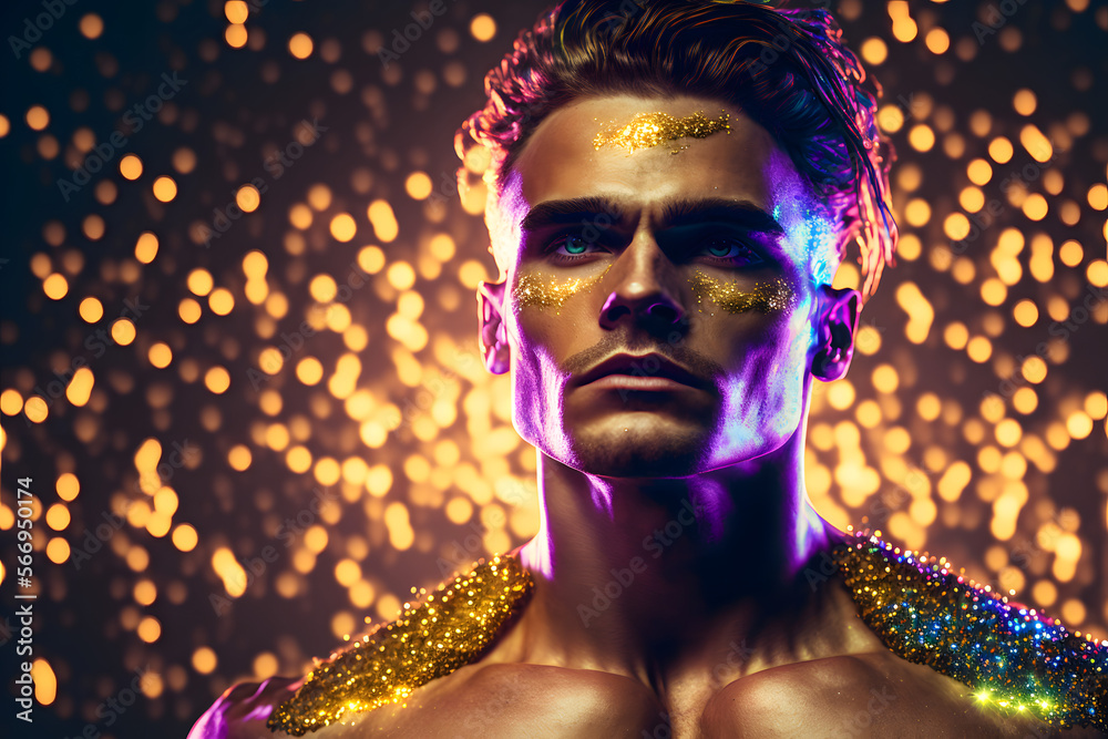 Portrait d'un mannequin homme musclé maquillé de paillettes d'or » IA générative