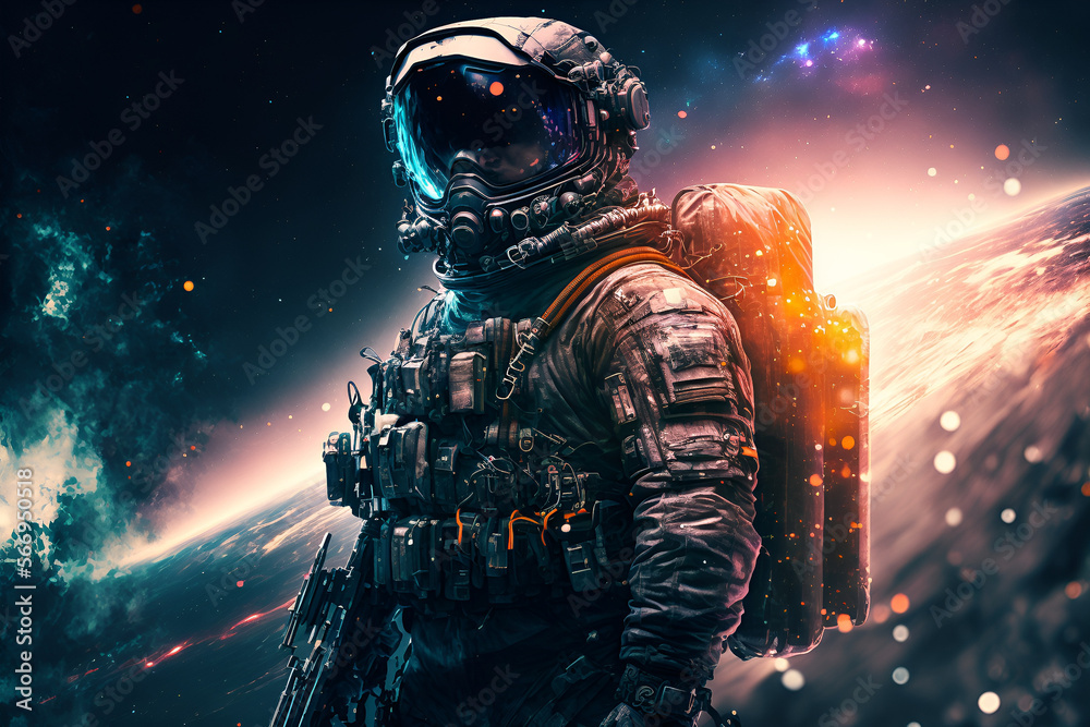 Fototapeta premium Elite soldier in space. Ready for attack. Background. Back view is space. Mixed AI