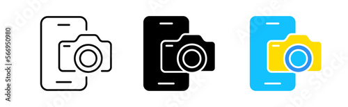 Phone with Photo cameras line icon. Take pictures, image, photographer, digital, device, shutter, lens, creative occupation. Vector icon in line, black and color style on white background