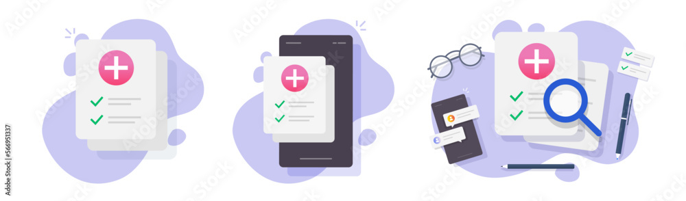 Medical research check list technology on mobile phone app online vector icon, healthcare patient prescription checkup checklist paper form graphic illustration, clinic diagnostic study report clipart