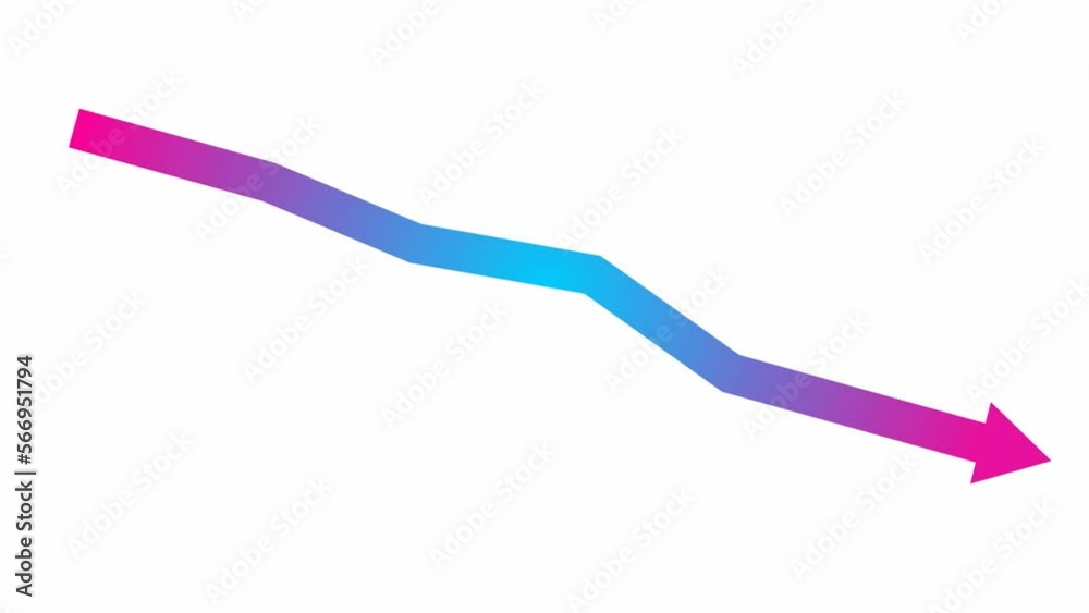 Animated blue-pink arrow. Recession chart of economy. Economic crisis, recession, decrease graph. Profit down. Vector illustration isolated on white background. Animated blue-pink arrow. Recession chart of economy. Economic crisis, recession, decrease graph. Profit down. Vector illustration isolated on white background.