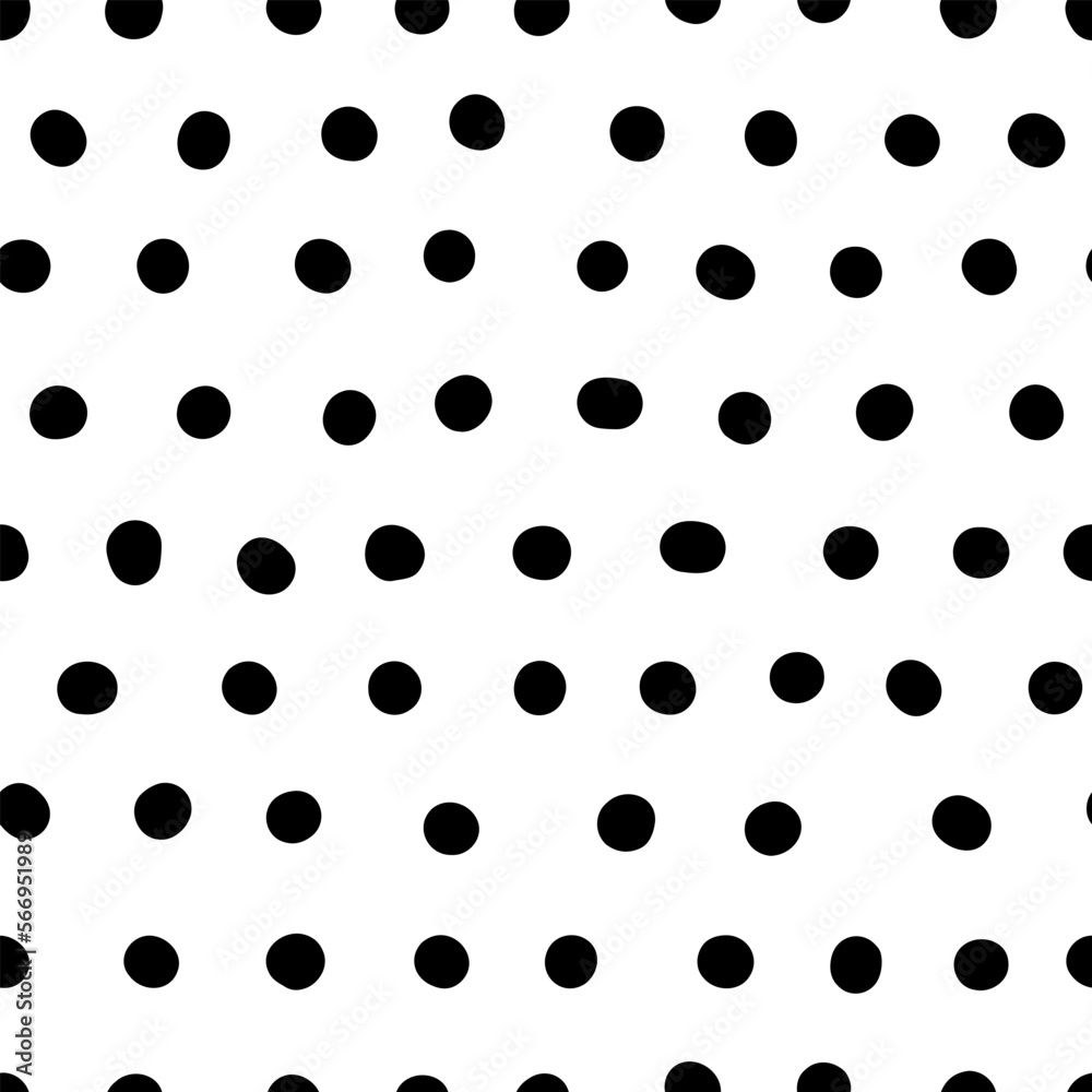Seamless neutral polka dots pattern. Black hand-drawn circles isolated on white background. Abstract lines of points ornament. Vector illustration for wallpaper, fabric, print, wrapping paper, textile Seamless neutral polka dots pattern. Black hand-drawn circles isolated on white background. Abstract lines of points ornament. Vector illustration for wallpaper, fabric, print, wrapping paper, textile