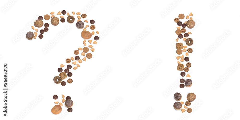 Concept or conceptual set of pastry delicious products forming the !? and ? signs. 3d illustration metaphor for education, school, agriculture, traditional and rustic, organic, healthy and natural. Concept or conceptual set of pastry delicious products forming the !? and ? signs. 3d illustration metaphor for education, school, agriculture, traditional and rustic, organic, healthy and natural.