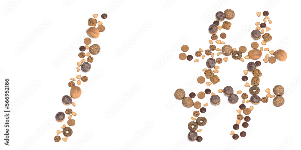 Conceptual set of pastry delicious products forming hash and division slash signs.3d illustration metaphor for education, school, agriculture, traditional and rustic, organic, healthy and natural.