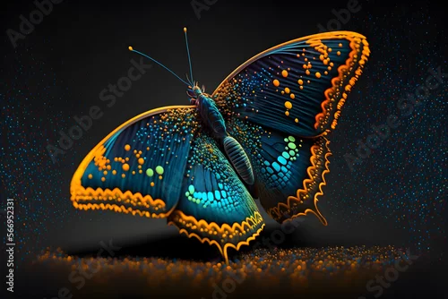 Fototapeta Magnifique papillon fluorescent aux couleurs turquoise et jaune orangée » IA générative