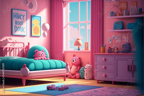 Kids bedroom background cartoon in pink color. Child bedroom interior. Generative AI