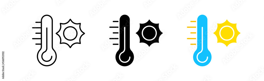 Thermometer with sun line icon. Temperature, forecast, weather, warning, thunderstorm, sun, warning, increase, decrease. Vector icon in line, black and color style on white background Thermometer with sun line icon. Temperature, forecast, weather, warning, thunderstorm, sun, warning, increase, decrease. Vector icon in line, black and color style on white background
