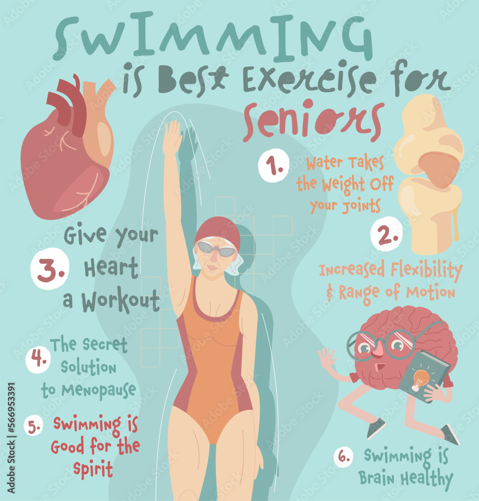Obraz premium Swimming for seniors. Health benefits. Vector illustration