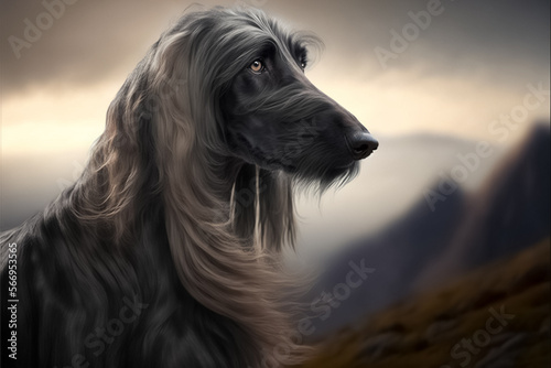 Portrait photo of an Afghan Hound dog. Afghan hound closeup view. Confident purposeful Dog looking left. Field around. A beautiful dog photo for advertises. generative AI 