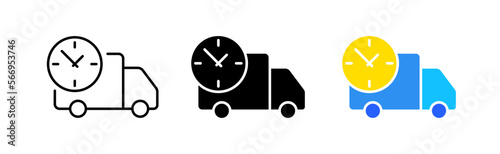 Delivery car with clock line icon. Security, product, sale, purchase, terms, dates, alerts, world, transportation, storage, quality, car. Vector icon in line, black and color style on white background