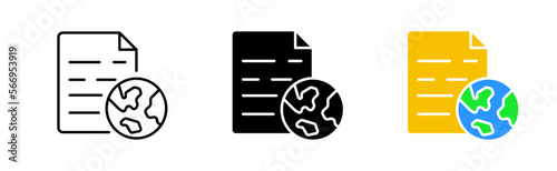 File with globe line icon. Programming language, file, software, job, access, office suite, record keeping, data organization. Data concept. Vector icon in line, black and color style
