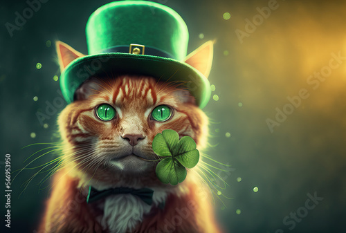 A red cat in a green hat for St. Patrick's Day. Generative Ai