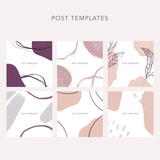 Collection of abstract templates for social network posts. Pastel shades. Smooth shapes. Space for text and photos. Background frame.