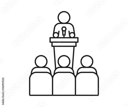Lector man speech behind podium on conference with audience spectator, line icon. Speaker on tribune by leader, businessman, teacher talking before of people spectators back. Vector
