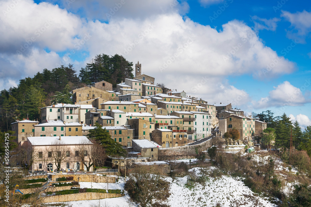 Snow in Tuscany, Gerfalco village, winter panorama. Grosseto, Tuscany, Italy