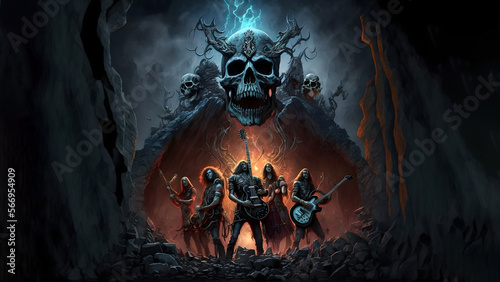 hellish heavy metal rock musicians band with electric guitars in rock world, neural network generated art