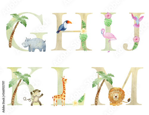 Canvas Print Watercolor cute animals letters for invitation card, nursery poster and other
