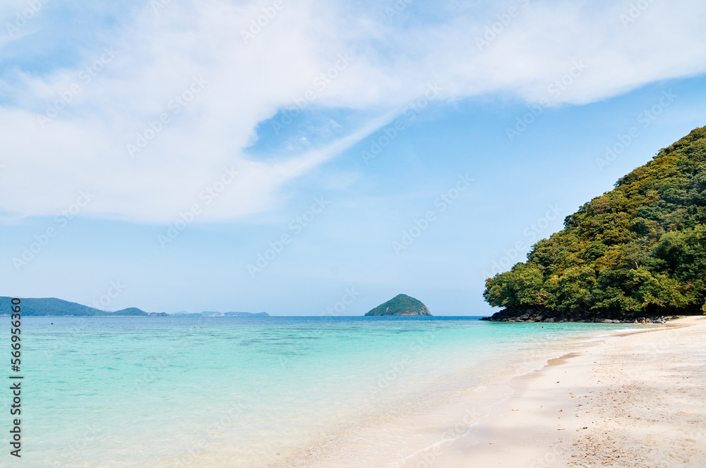 Beautiful tropical landscape. Sandy beach with blue clear water.