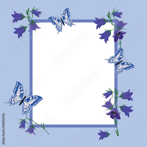 Vector illustration of a greeting card with summer blue flowers, with butterflies, with a frame and place for your text.