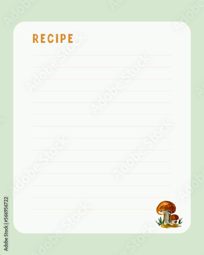 Recipe vintage card lined blank template with watercolor mushroom. Vector illustration