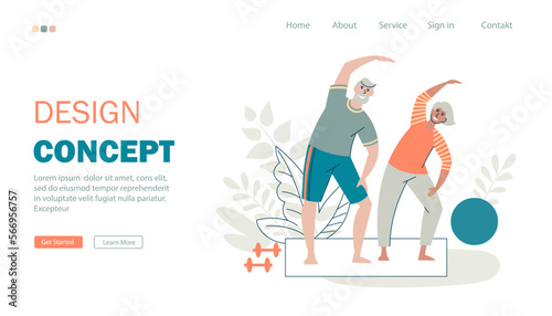 An elderly couple is engaged in exercise. Landing page for a website about sports, yoga, a healthy and active lifestyle for older people. Web page design. Flat style. Vector illustration.