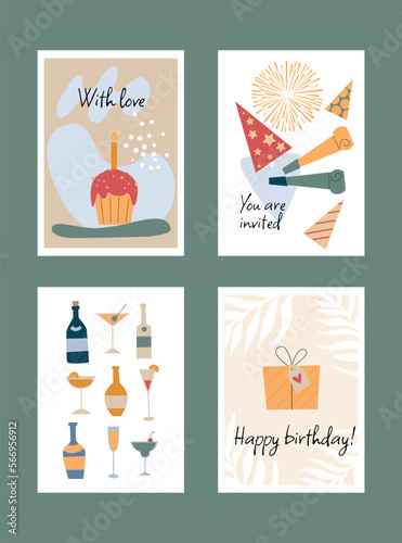 A set of vertical birthday cards. Inscriptions, greetings, balloons, drinks, cake, cupcakes gifts. For social networks, posters, flyers and postcards. Vector illustration. Vector illustration