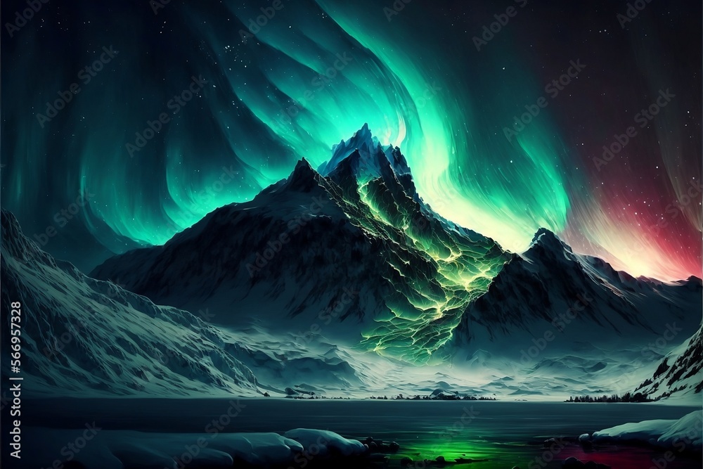 Aurora polar lights with snowy mountain. Generative AI