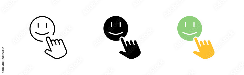 Obraz premium Click an icon set. Hand, finger, character, emotions, smile, joy, approval, reaction, user, voter, make a decision, choose. Social network concept.Vector line icon in different styles