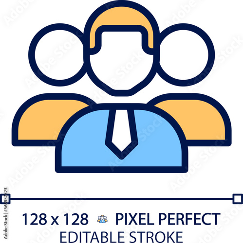 Personnel pixel perfect RGB color icon. Group of people working for company. Organization staff. Professional employees. Isolated vector illustration. Simple filled line drawing. Editable stroke