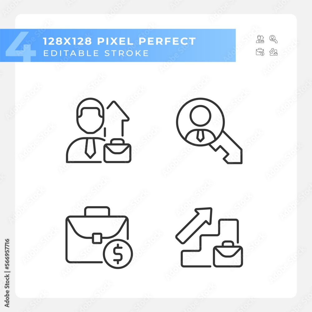 Career opportunities pixel perfect linear icons set. Promotion of employee. Business growth. Human resources. Customizable thin line symbols. Isolated vector outline illustrations. Editable stroke