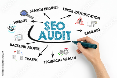 SEO Audit Concept. Chart with keywords and icons on white background