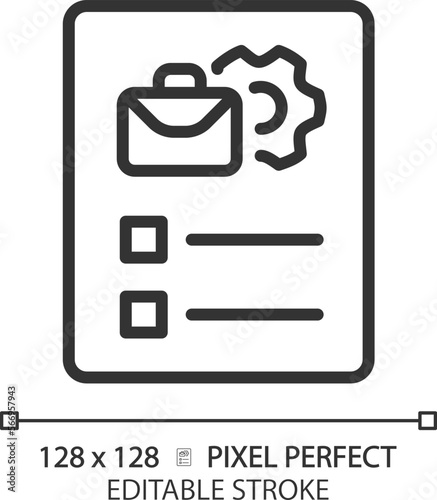 Job description pixel perfect linear icon. List of requirements and duties. Work position details. Human resources. Thin line illustration. Contour symbol. Vector outline drawing. Editable stroke