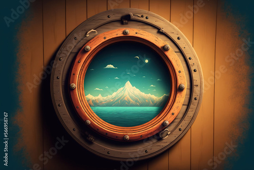 porthole on a wood background. Generative AI