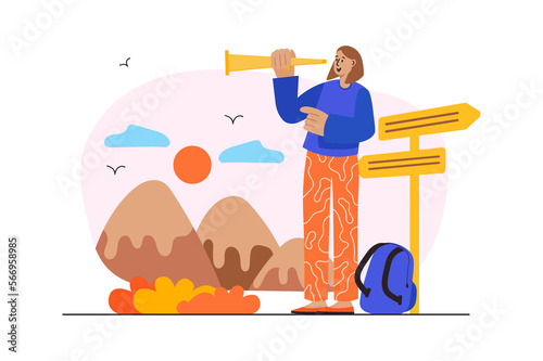 Travel orange concept with people scene in the flat cartoon design. Tourist looks through a spyglass at the mountains.