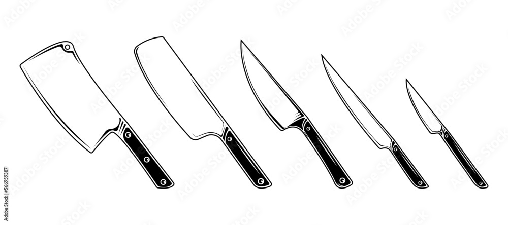 Kitchen knife set on isolated background, Vector illustration.