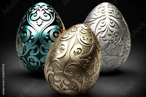 picture of adorned silver easter eggs. Generative AI
