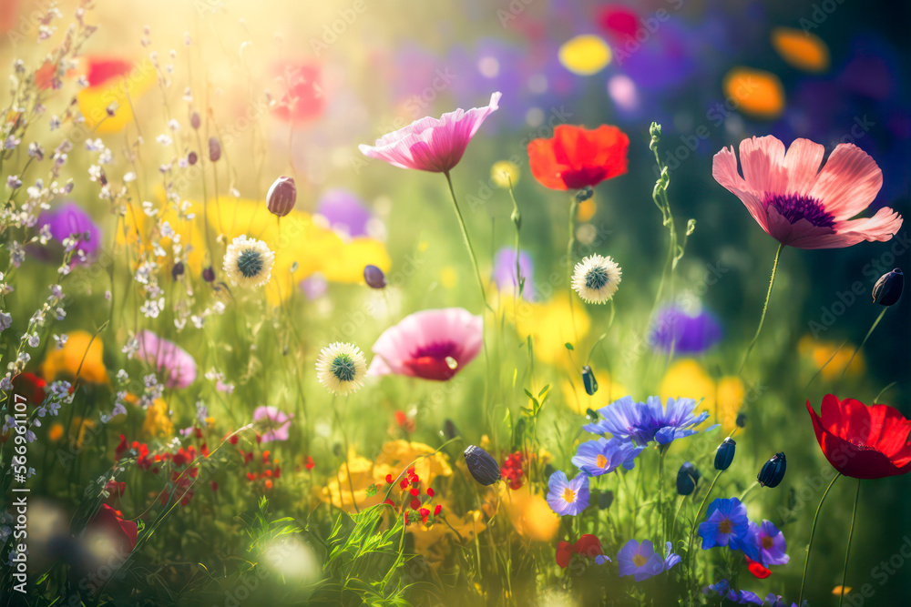 Wild flowers on a flower meadow in spring. Generative AI.