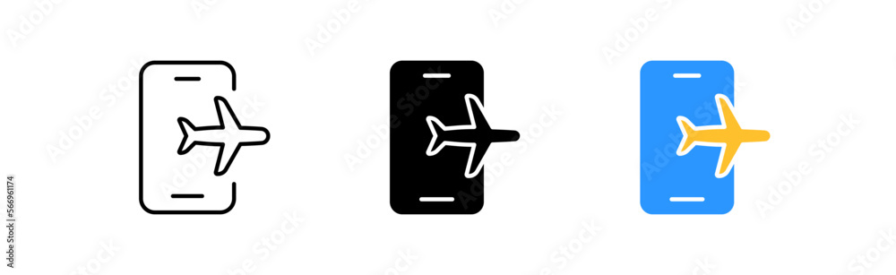 Airplane mode icons set. Smartphone, application, network, connection, features, disable, location, privacy, internet, security. Technology concept. Vector line icon in different styles