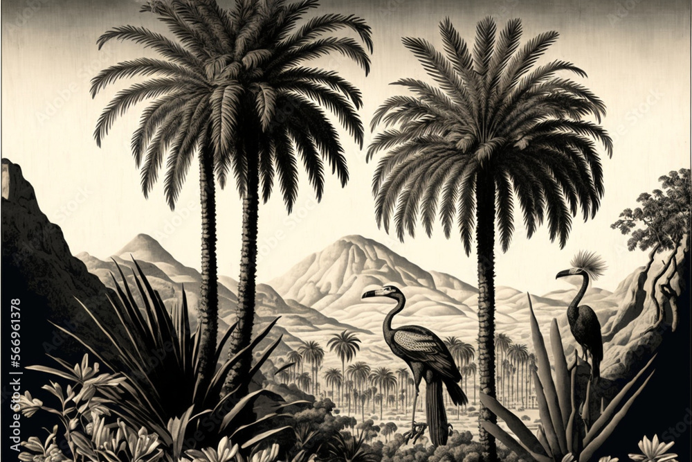 Fototapeta Beautiful  wallpaper - an oasis of palm trees, mountains with birds with a black and white background, Generative AI