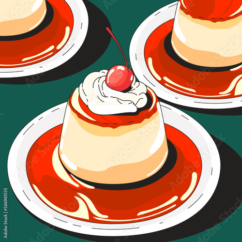 milk pudding pudding custard with caramel glaze. a flat illustration in the cartoon style of isolation on a white background.