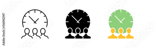 Working time icons set. Hours, team, employee, schedule, task, duty, deadline, break, organization, punctual, application. Business concept. Vector line icon in different styles