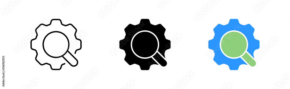 Settings icon set. Magnifying glass, research, mechanism, pans, personalization, options, builder, research, fix, tune, sort. The concept of parameters. Vector line icon in different styles