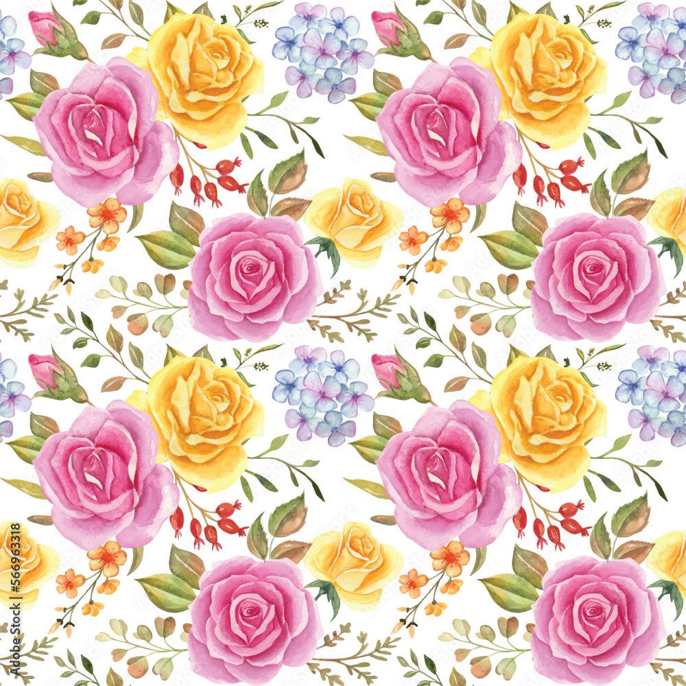 Seamless pattern with rose and leaves.Seamless watercolor floral pattern, the floral pattern for wallpaper or fabric, wrappers, postcards, greeting cards, wedding invitations. Flower rose.