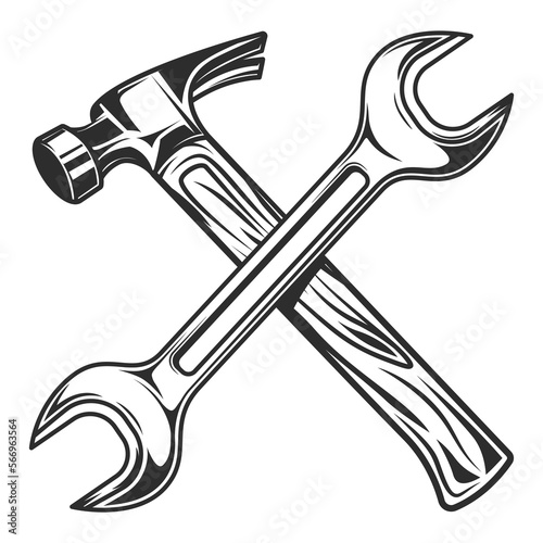 Vintage hammer with body shop service car and truck mechanic repair tool crossed wrench or construction for gas and builder plumbing pipe key illustration