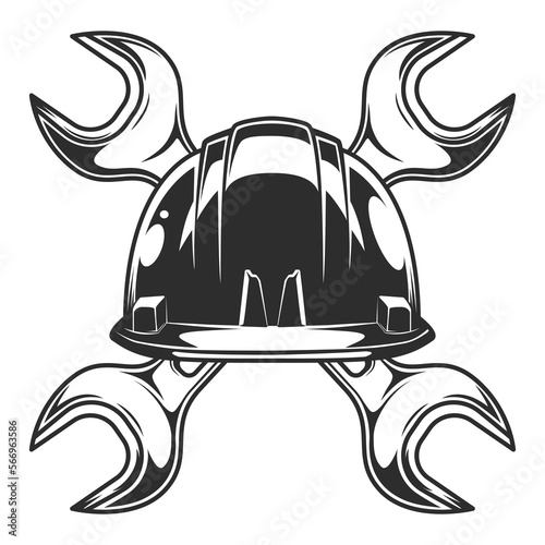 Vintage hard hat helmet with body shop service car and truck mechanic repair tool crossed wrench or construction for gas and builder plumbing pipe key illustration