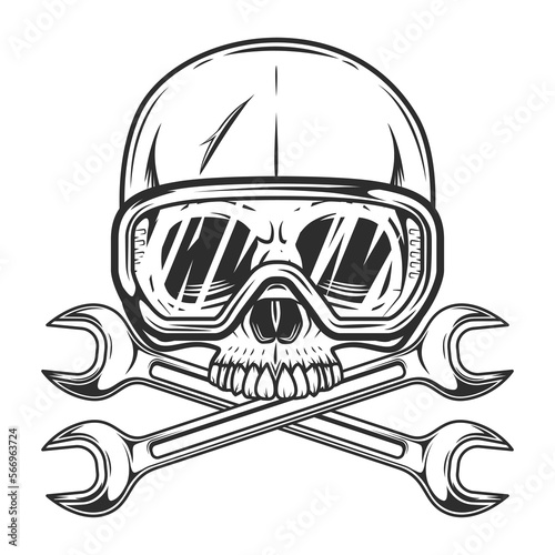 Vintage half skull in glasses with body shop service car and truck mechanic repair tool crossed wrench or construction for gas and builder plumbing pipe spanner illustration